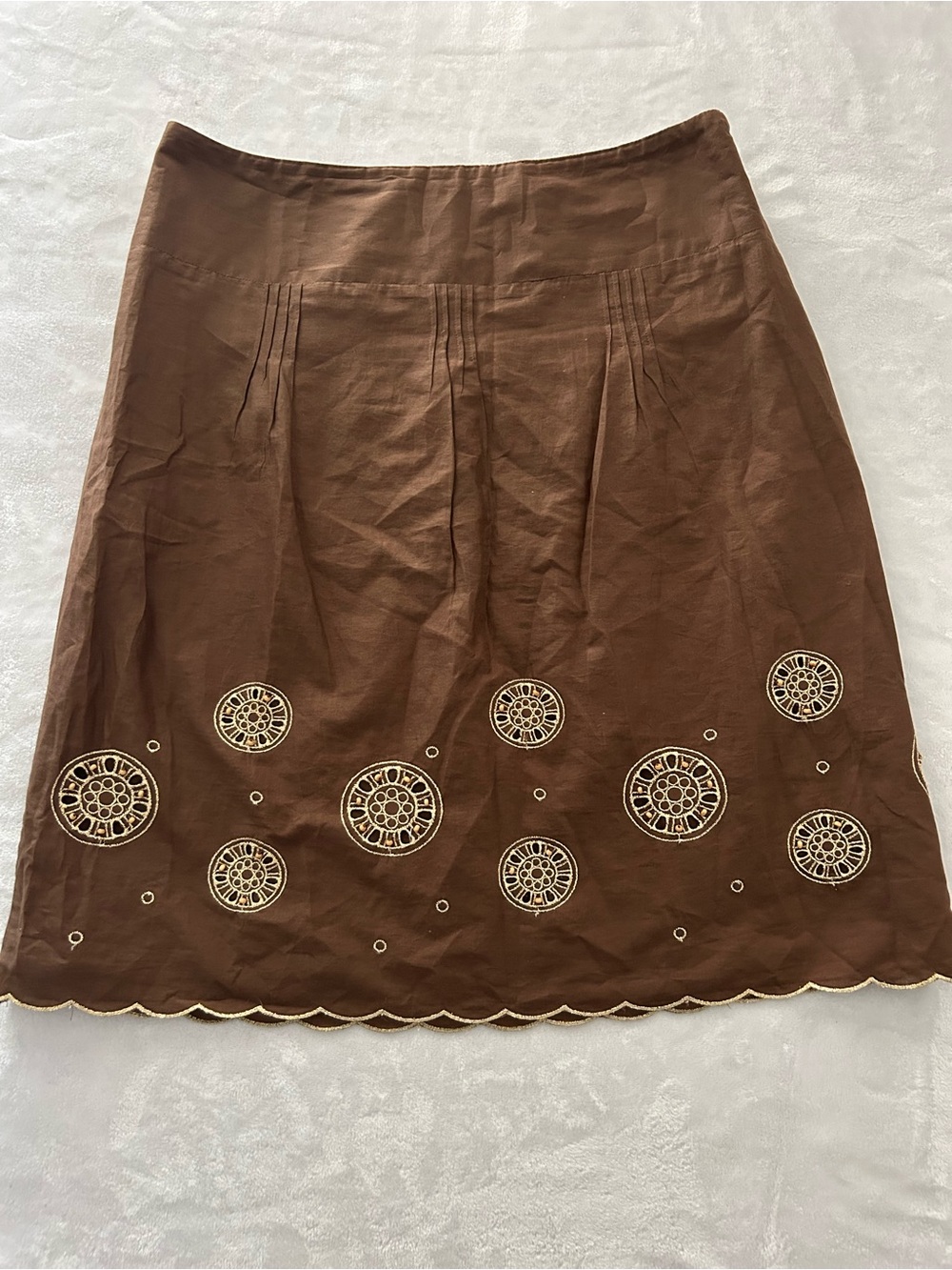 Ann Taylor LOFT Brown Embroidered Beaded Scalloped Edge Pleated Lined Skirt Sz 8